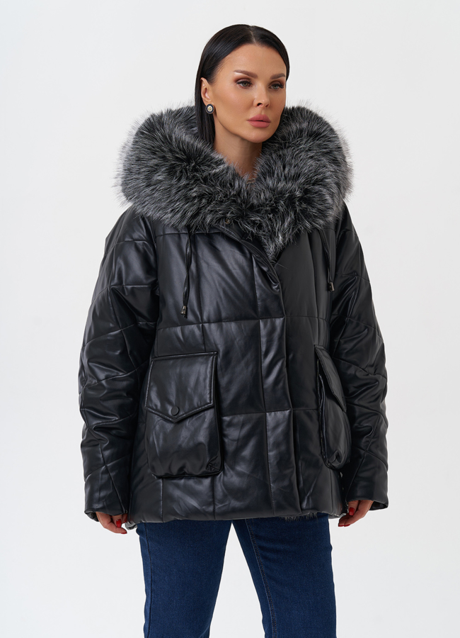 Пуховик из эко кожи с капюшоном из эко меха  модель № 27707 универмаг малина