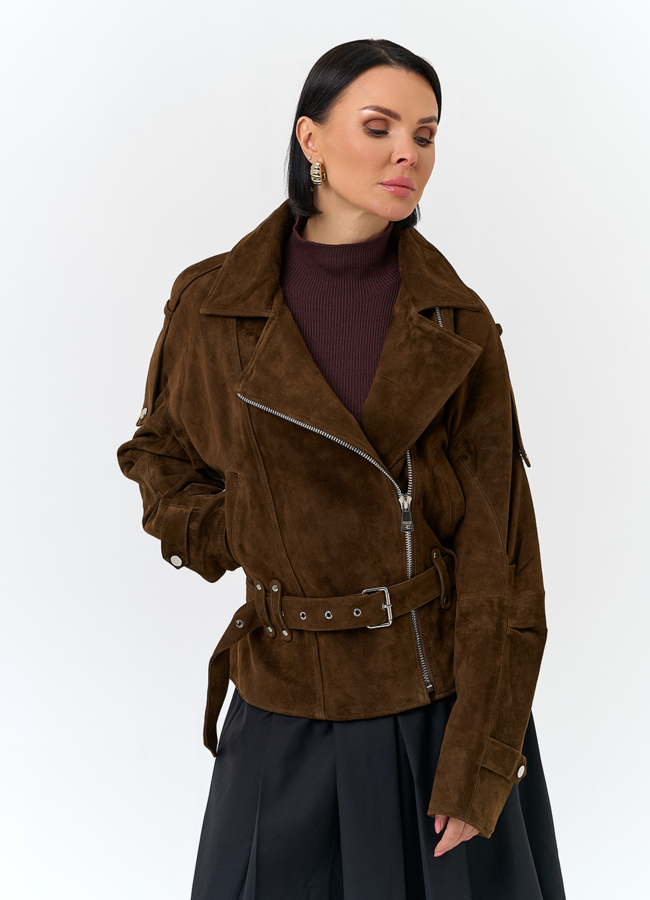 Женская куртка из натуральной замши с поясом модель № 32887 меха малина