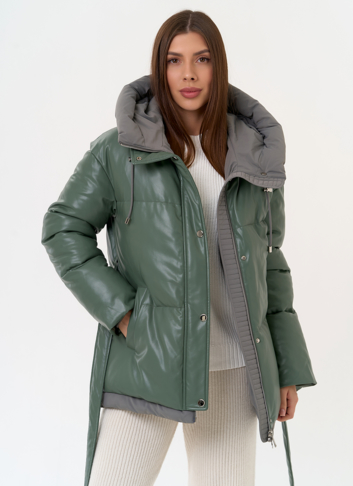 Женский пуховик из эко кожи с поясом Женский пуховик из эко кожи с поясом