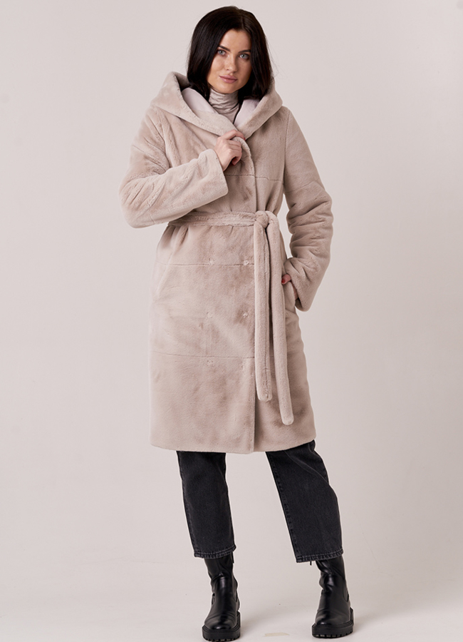 Двусторонняя шуба с капюшоном модель № 1133 меха малина