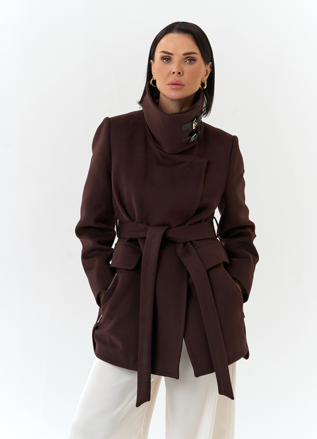 Женское укороченное пальто с воротником стойкой модель № 32553 меха малина