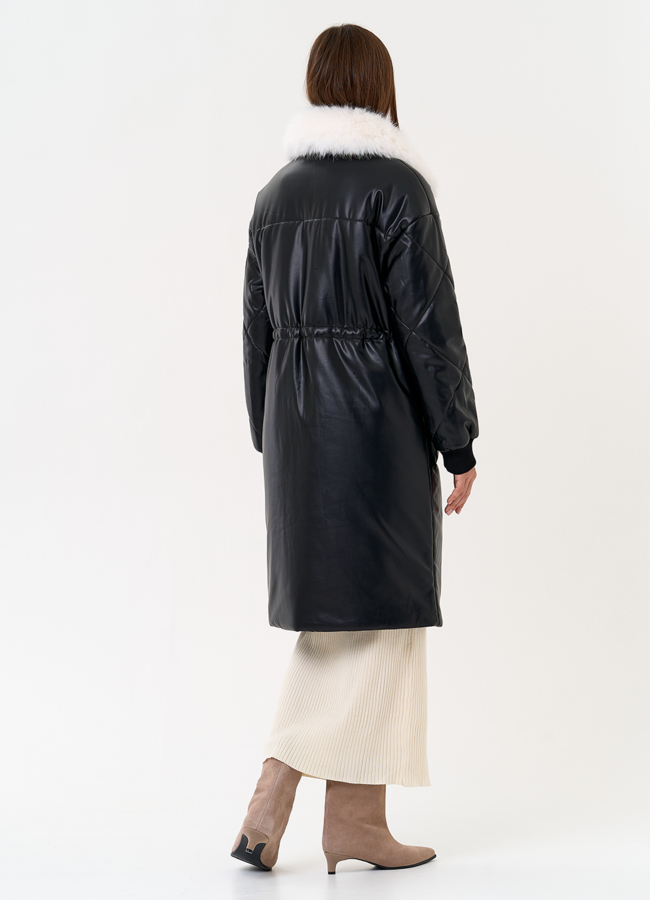 Женский пуховик из эко кожи с воротником из эко меха модель № 30724 в кредит