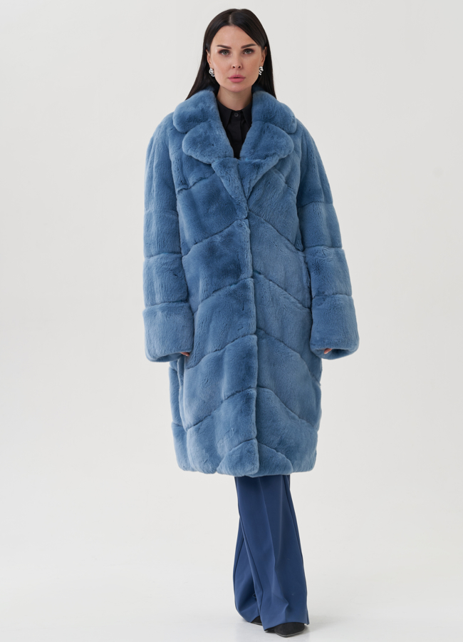 Шуба из меха кролика синего цвета с английским воротником модель № 24796 меха малина