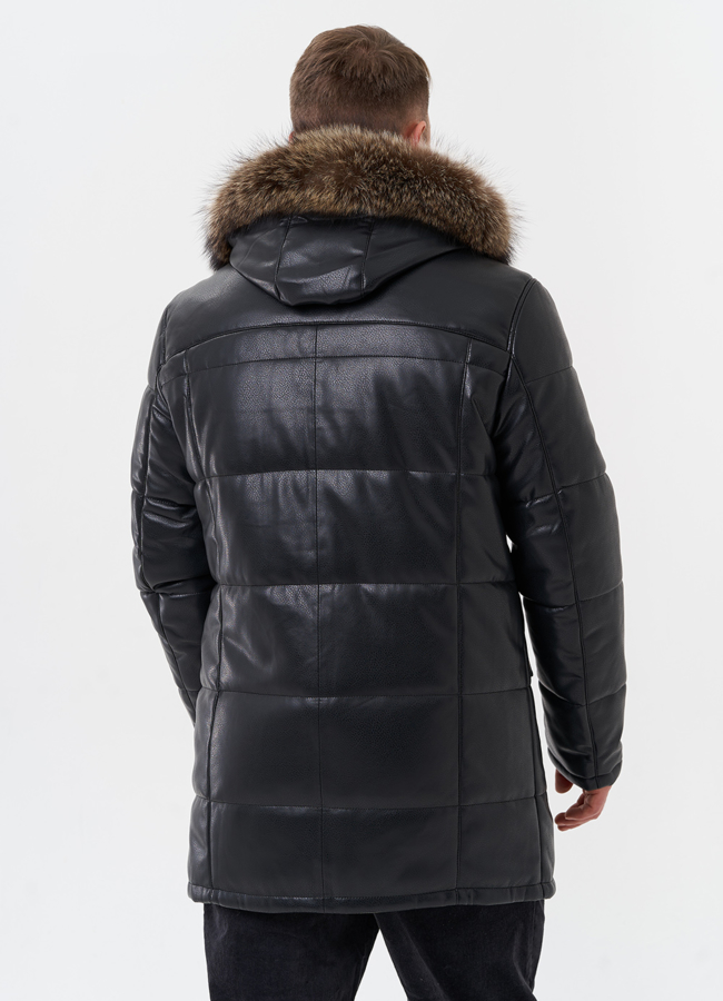 Пуховик из эко кожи с капюшоном из меха енота модель № 28584 универмаг малина