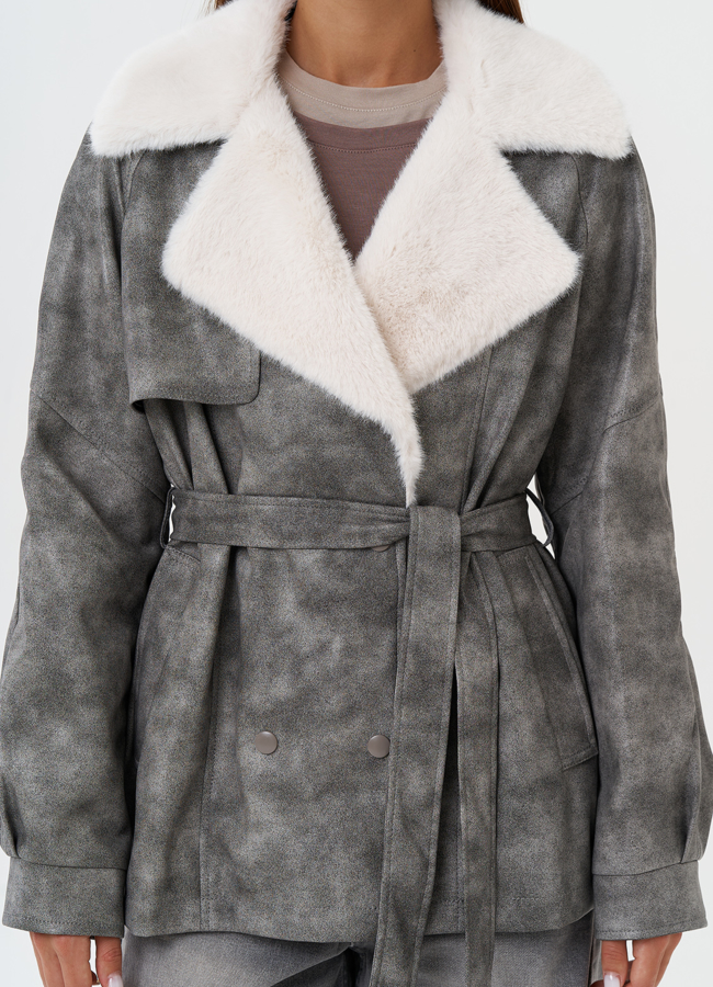 Жакет из эко кожи с отделкой эко мехом модель № 28308 в рассрочку