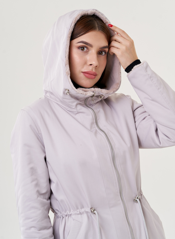 Двухстороннее пальто из эко меха с капюшоном