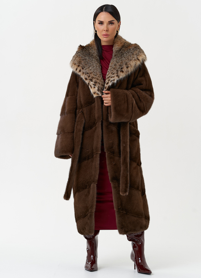 Женская шуба из меха норки с капюшоном из меха рыси модель № 31159 универмаг малина