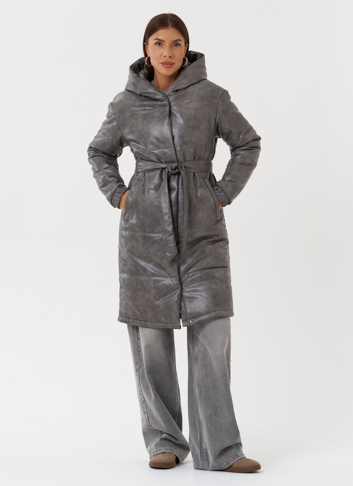 Пуховик из эко кожи с капюшоном