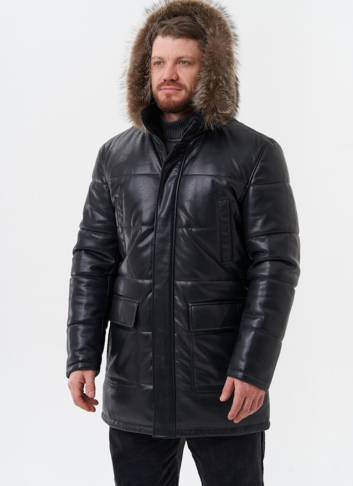 Пуховик из эко кожи с капюшоном из меха енота