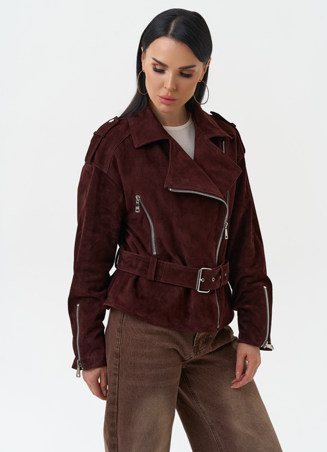 Женская куртка из натуральной замши с поясом модель № 30363 меха малина