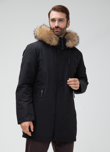 Мужской пуховик с капюшоном из меха енота