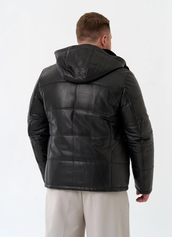 Мужской пуховик из натуральной кожи с капюшоном