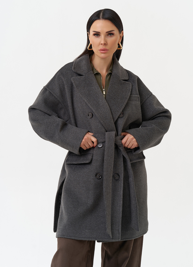 Женское укороченное пальто с поясом модель № 30196 меха малина