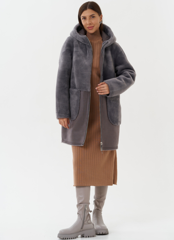 Двухсторонняя эко дубленка с капюшоном