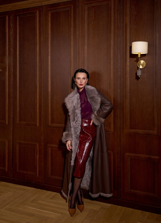 Женская двухсторонняя дубленка с поясом модель № 34126 универмаг малина фото