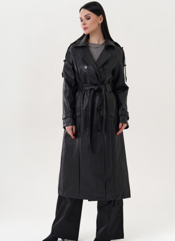 Тренч черного цвета из эко кожи