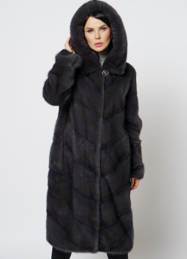 Длинная норковая шуба в сером цвете модель № 25039 меха малина