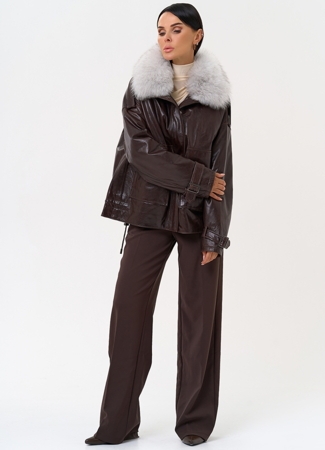 фото Короткий пуховик из натуральной кожи модель № 6382