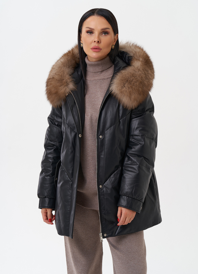 Женский кожаный пуховик с капюшоном модель № 28912 универмаг малина
