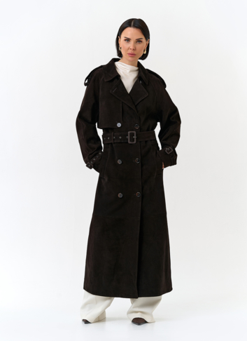 Женский длинный плащ из натуральной замши