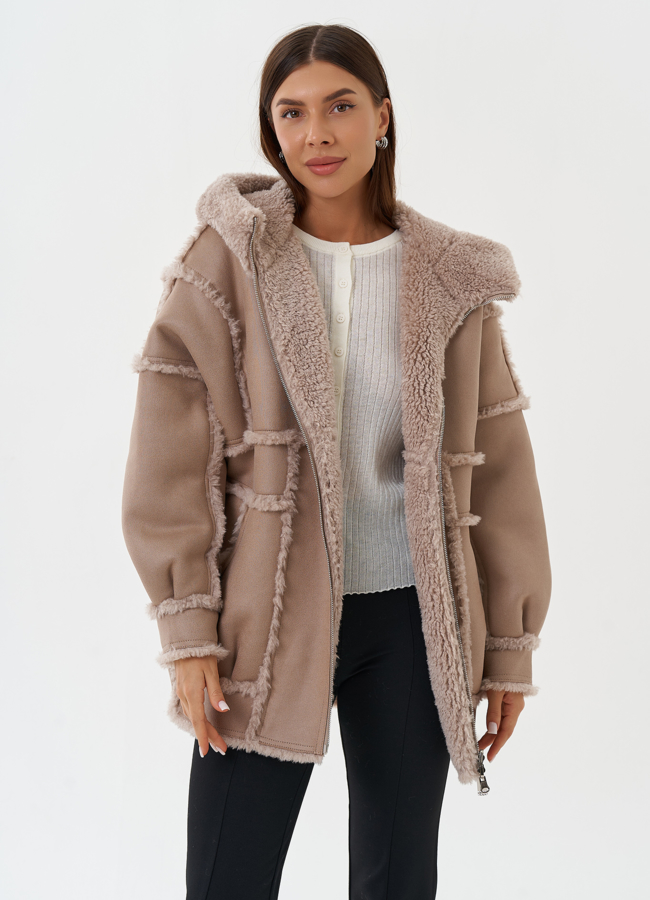 Двухсторонняя эко дубленка с капюшоном модель № 28651 универмаг малина