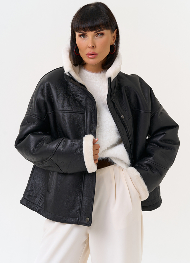 Женская натуральная дубленка черного цвета модель № 31572 меха малина