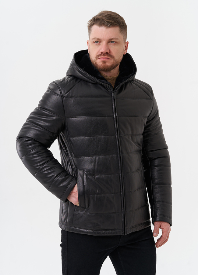 Пуховик из натуральной кожи с отделкой из мутона модель № 25453 универмаг малина