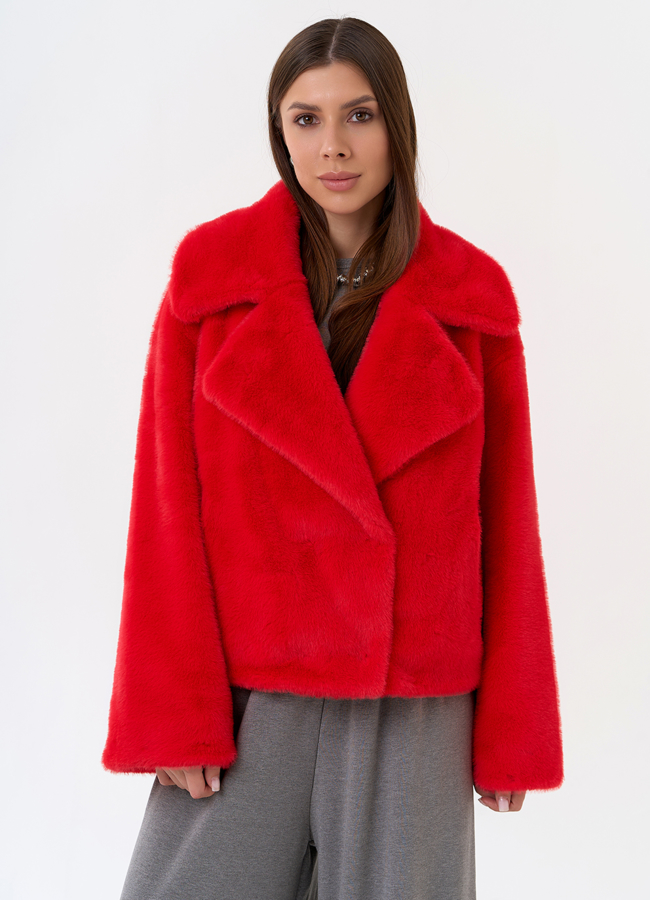 Куртка женская из эко меха в красном цвете модель № 31221 меха малина