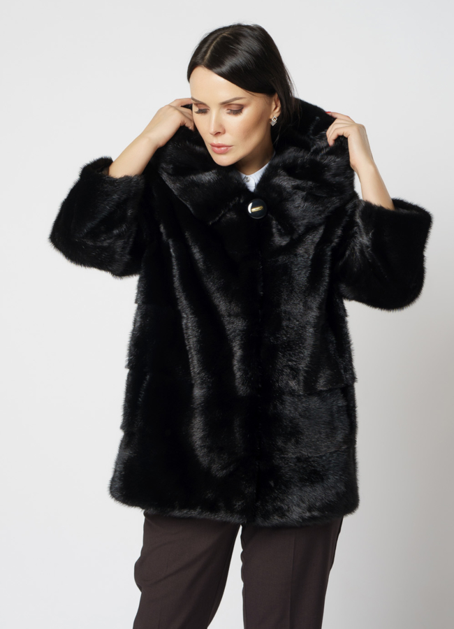 Укороченная норковая шуба черного цвета 2 в 1 модель № 25396 универмаг малина