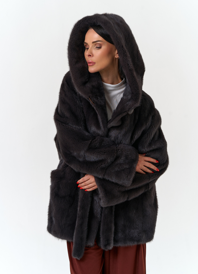 фото Шуба из меха норки с капюшоном модель № 31875