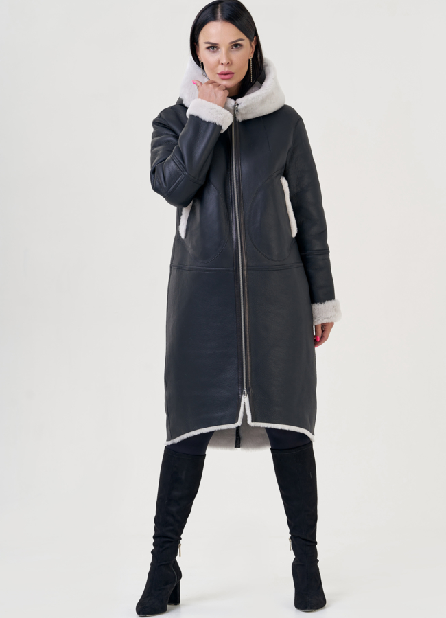 Двухсторонняя женская дубленка с капюшоном модель № 23192 меха малина