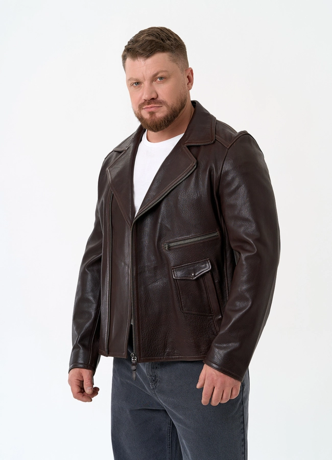 Мужская куртка косуха из натуральной кожи модель № 32863 меха малина