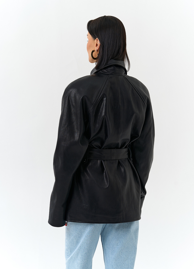 Женская куртка из натуральной кожи  с поясом модель № 32872 в кредит