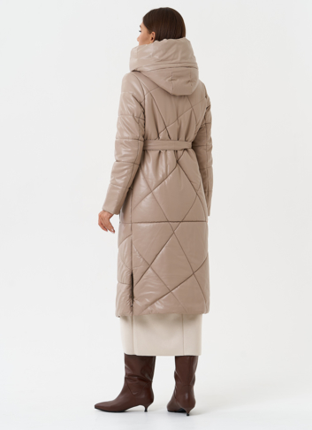 Женский пуховик из эко кожи с поясом