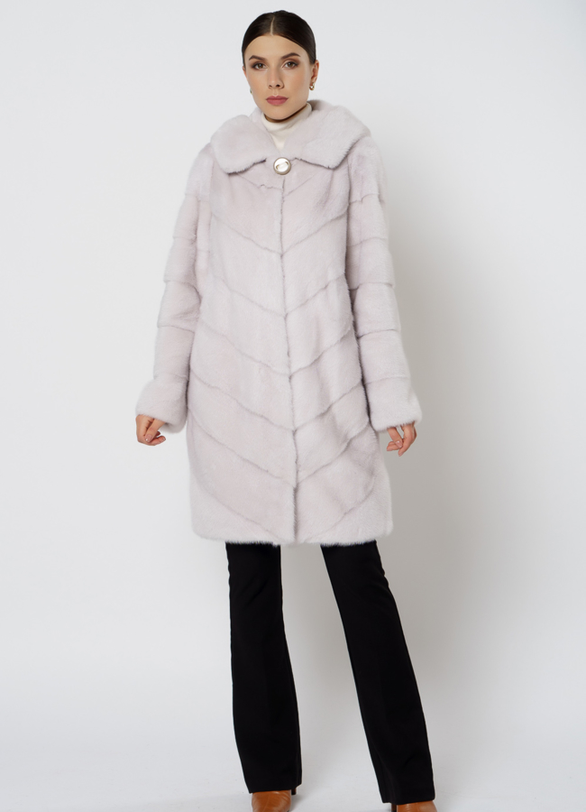 фото Светлая норковая шуба с капюшоном модель № 24736