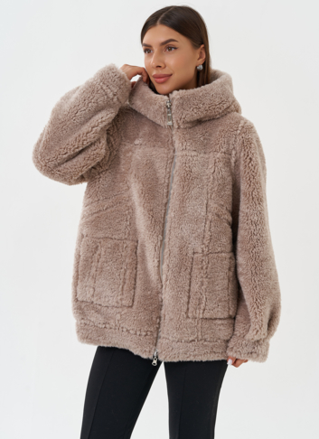 Двухсторонняя эко дубленка с капюшоном