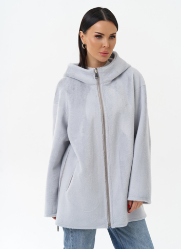 Двухсторонняя дубленка из эко замши с капюшоном