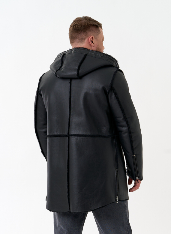 Мужская натуральная дубленка с капюшоном