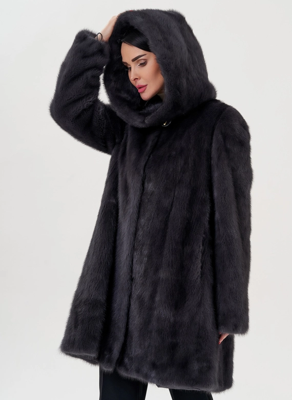 Норковая шуба балетка, в цвете графит с капюшоном