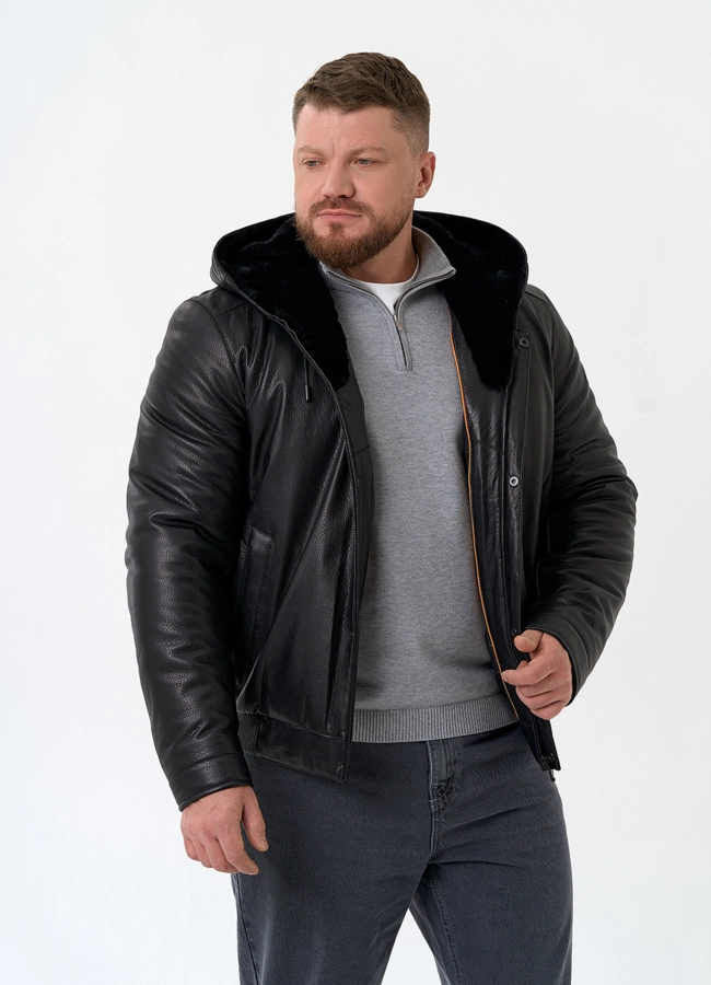 Мужской пуховик из натуральной кожи с капюшоном модель № 32051 универмаг малина фото