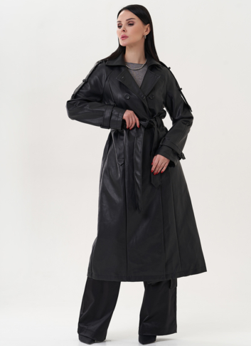 Тренч черного цвета из эко кожи
