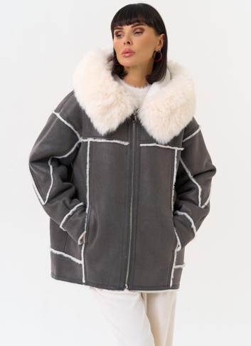 Женская дубленка из эко замши с капюшоном из эко меха