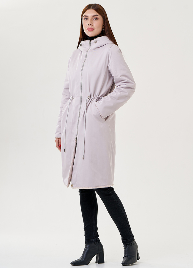 Двухстороннее пальто из эко меха с капюшоном модель № 25354 универмаг малина