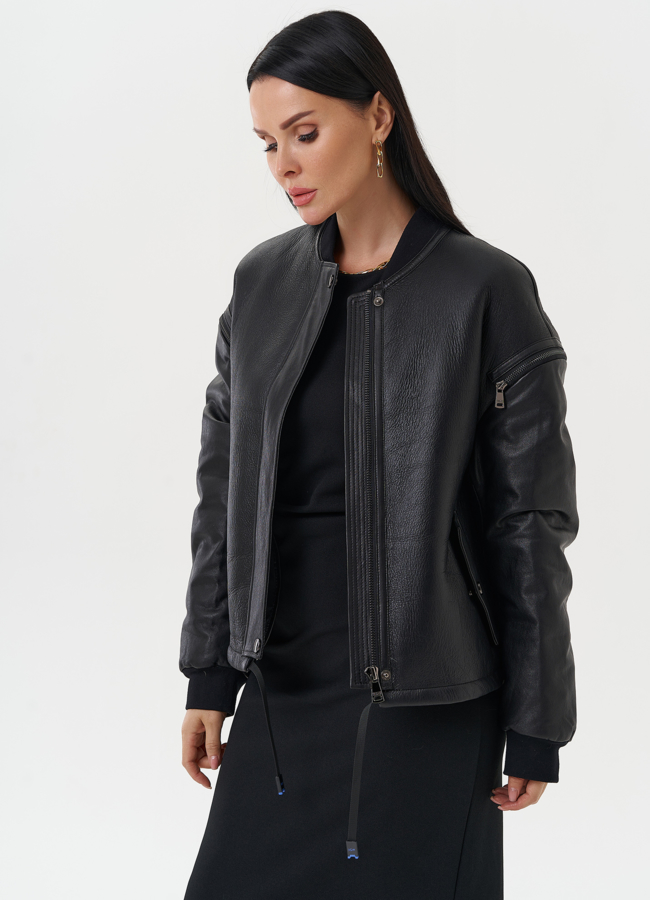 Кожаная дубленка с акцентными молниями модель № 28118 универмаг малина