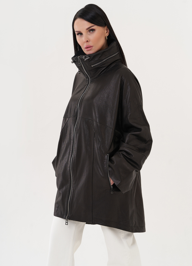 Кожаная удлиненная куртка черного цвета модель № 27142 универмаг малина