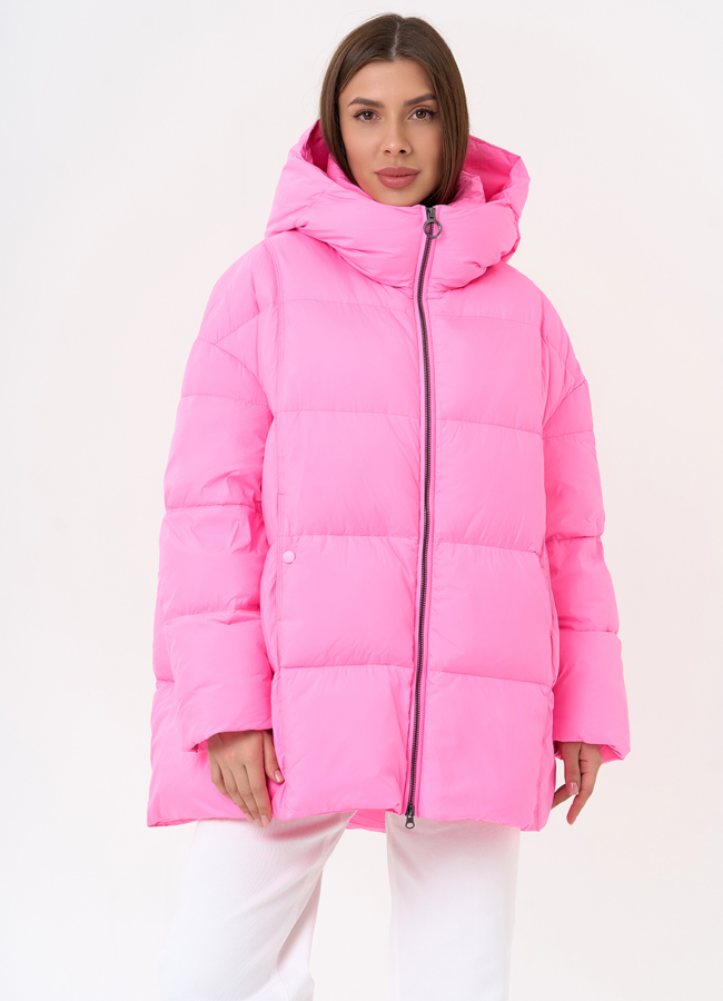 Женский яркий пуховик с капюшоном модель № 31590 меха малина