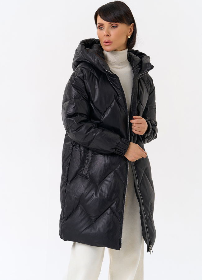 Длинный пуховик из кожи модель № 31215 универмаг малина