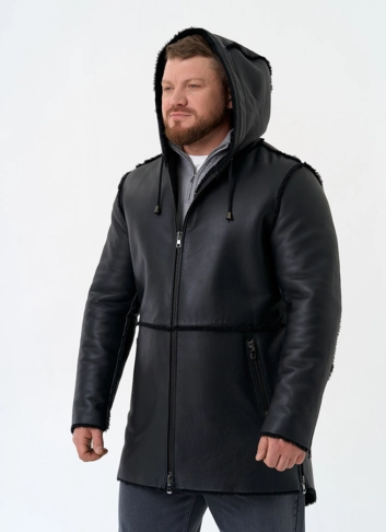Мужская натуральная дубленка с капюшоном фото
