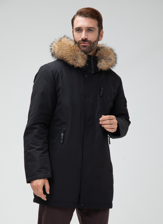Мужской пуховик с капюшоном из меха енота