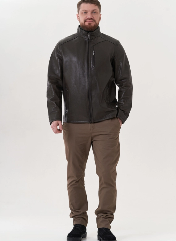 Мужская куртка из натуральной кожи в цвете хаки фото